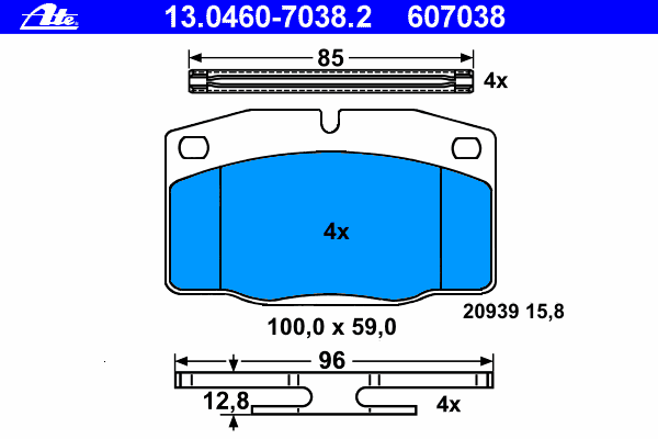 Комплект тормозных колодок, дисковый тормоз ATE 607038