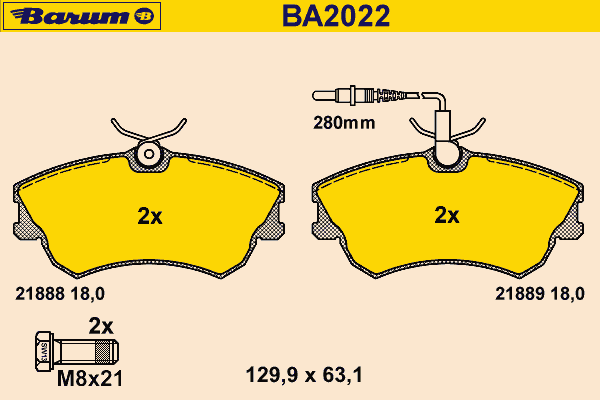 Комплект тормозных колодок, дисковый тормоз BARUM BA2022