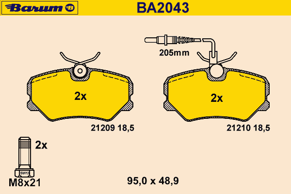 Комплект тормозных колодок, дисковый тормоз BARUM BA2043