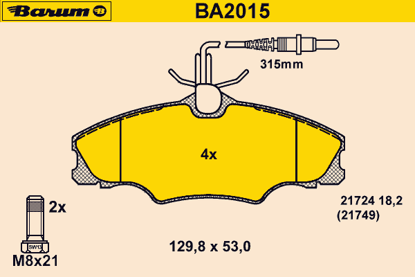 Комплект тормозных колодок, дисковый тормоз BARUM 21749