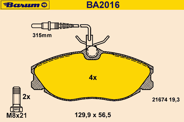 Комплект тормозных колодок, дисковый тормоз BARUM BA2016