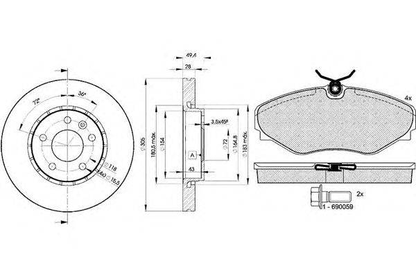 Комплект тормозов, дисковый тормозной механизм ICER 31449-6845