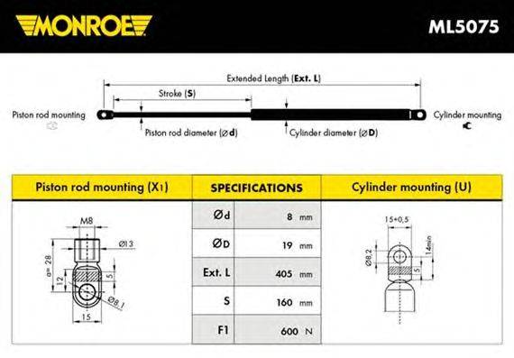 Газовая пружина, крышка багажник MONROE ML5075