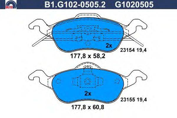Комплект тормозных колодок, дисковый тормоз GALFER B1.G102-0505.2