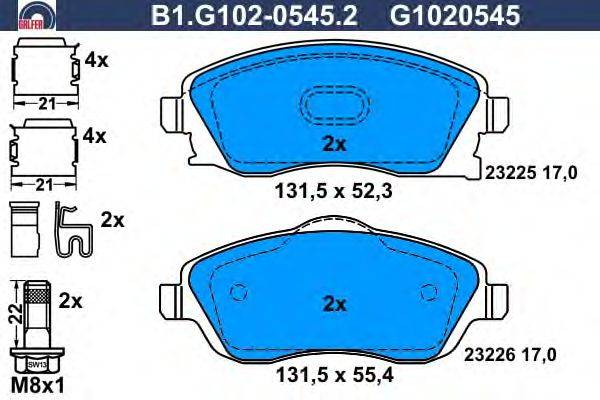 Комплект тормозных колодок, дисковый тормоз GALFER B1.G102-0545.2