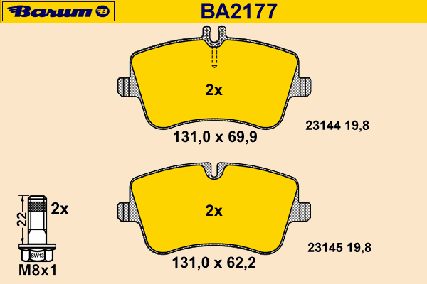 Комплект тормозных колодок, дисковый тормоз BARUM BA2177