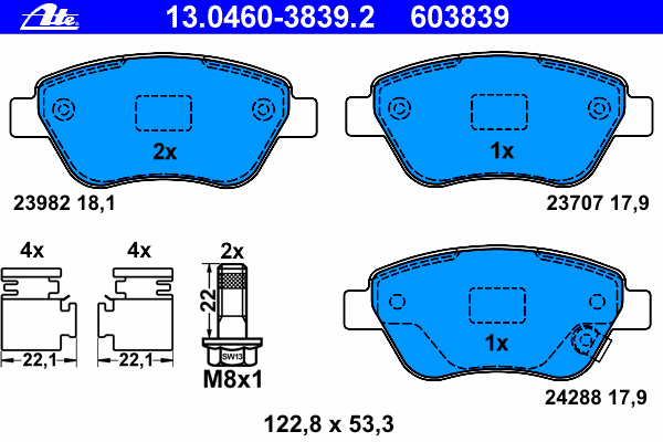 Комплект тормозных колодок, дисковый тормоз ATE 23982