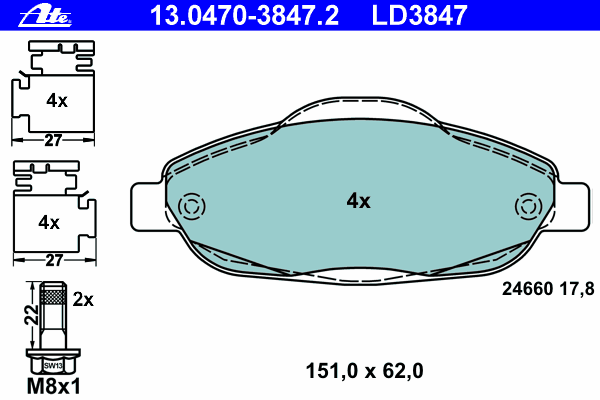 Комплект тормозных колодок, дисковый тормоз ATE 13.0470-3847.2