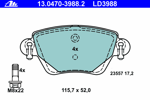 Комплект тормозных колодок, дисковый тормоз ATE 13.0470-3988.2