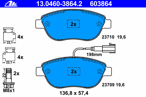 Комплект тормозных колодок, дисковый тормоз ATE 13046038642