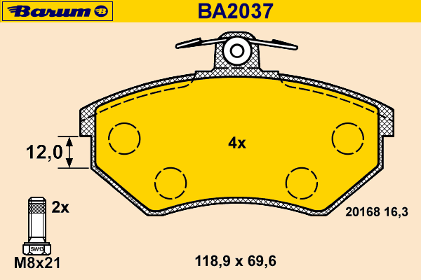 Комплект тормозных колодок, дисковый тормоз BARUM 20168