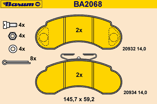 Комплект тормозных колодок, дисковый тормоз BARUM BA2068