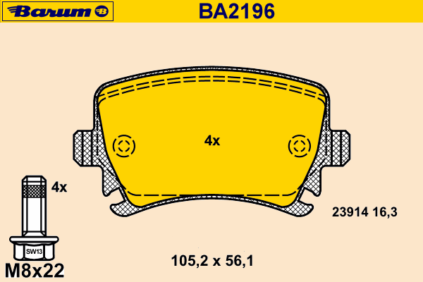 Комплект тормозных колодок, дисковый тормоз BARUM BA2196