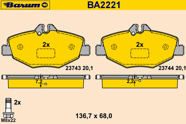 Комплект тормозных колодок, дисковый тормоз BARUM BA2221