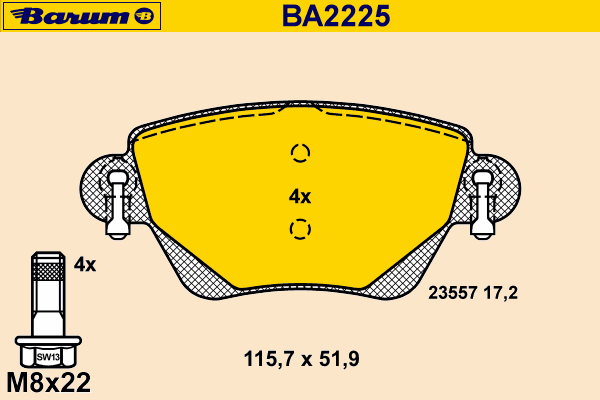 Комплект тормозных колодок, дисковый тормоз BARUM BA2225