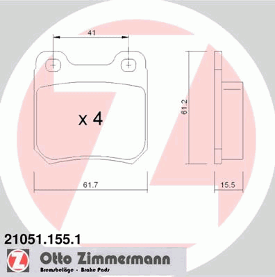 Комплект тормозных колодок, дисковый тормоз ZIMMERMANN 21051.155.1