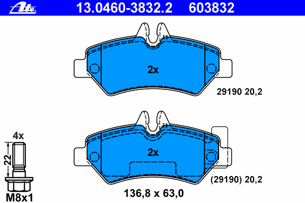 Комплект тормозных колодок, дисковый тормоз ATE 13.0460-3832.2