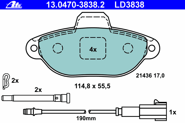 Комплект тормозных колодок, дисковый тормоз ATE 13.0470-3838.2